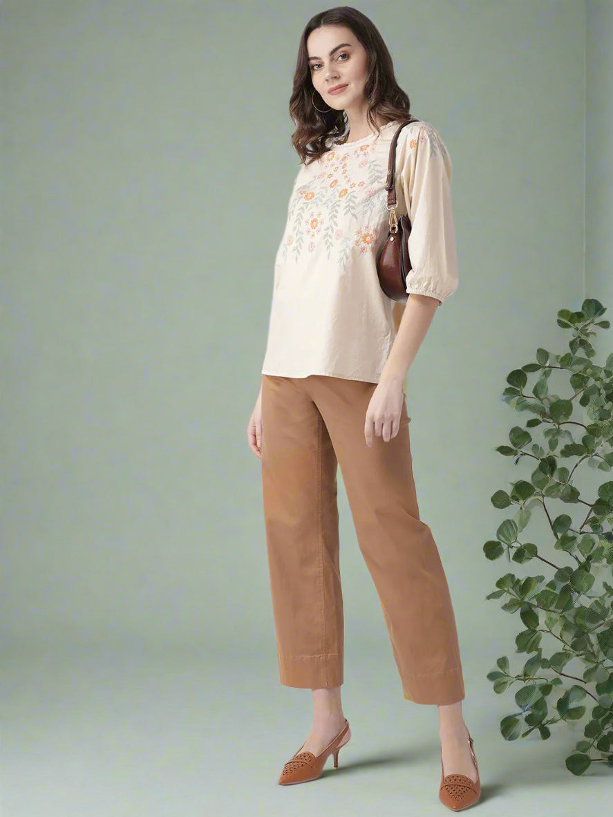 Light Beige Cotton Embroidered Poplin Top
