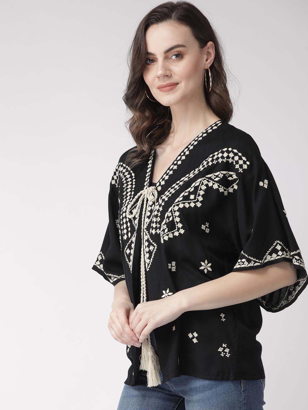 Scoup Black & Off-White Embroidered Tie-Up Shrug