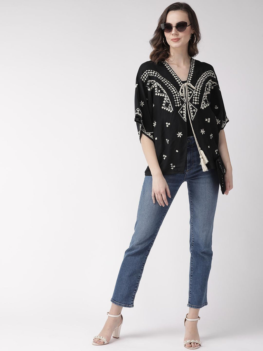 Scoup Black & Off-White Embroidered Tie-Up Shrug