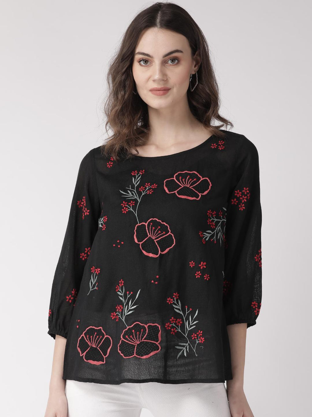Multi color embroidered black top