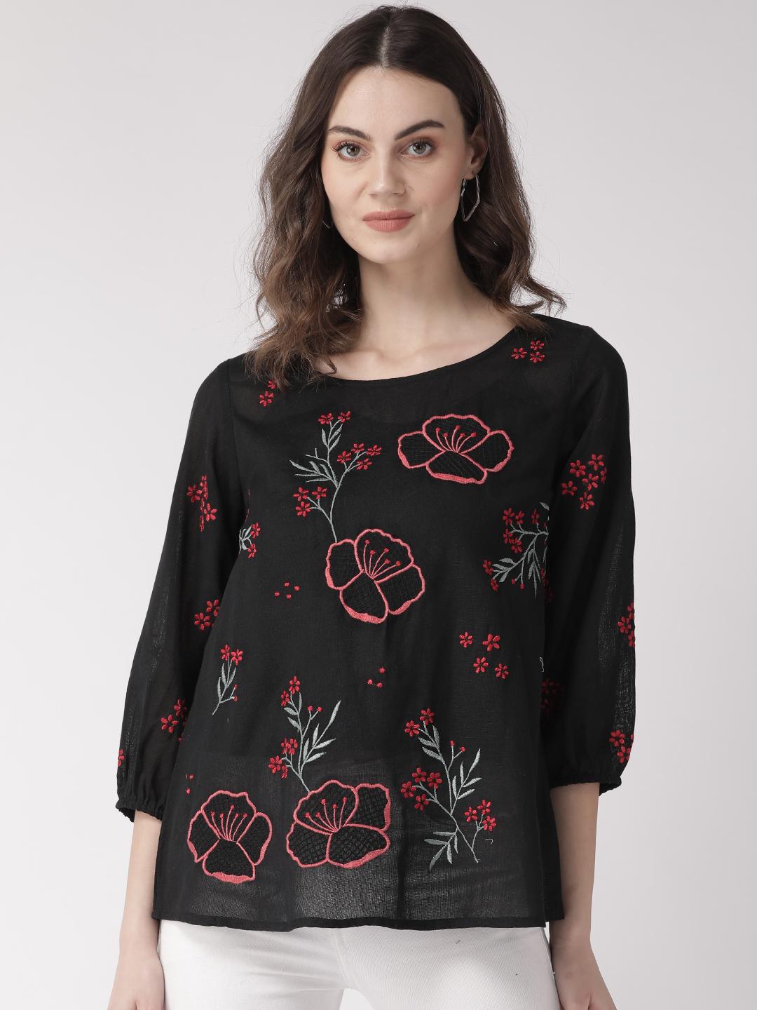 Multi color embroidered black top