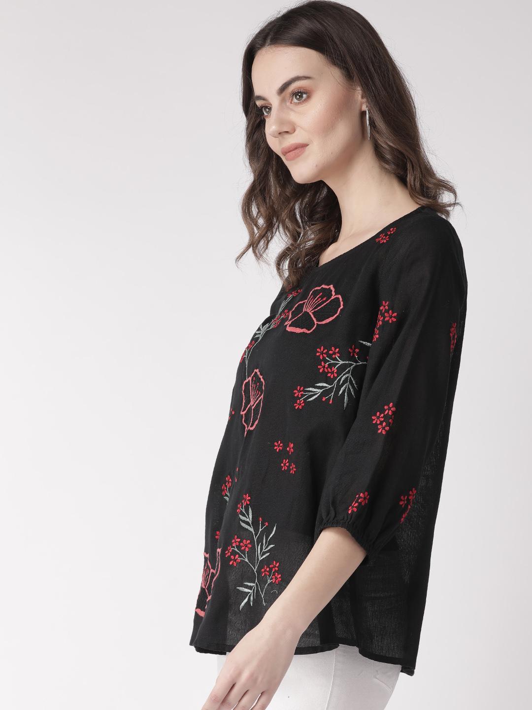 Multi color embroidered black top