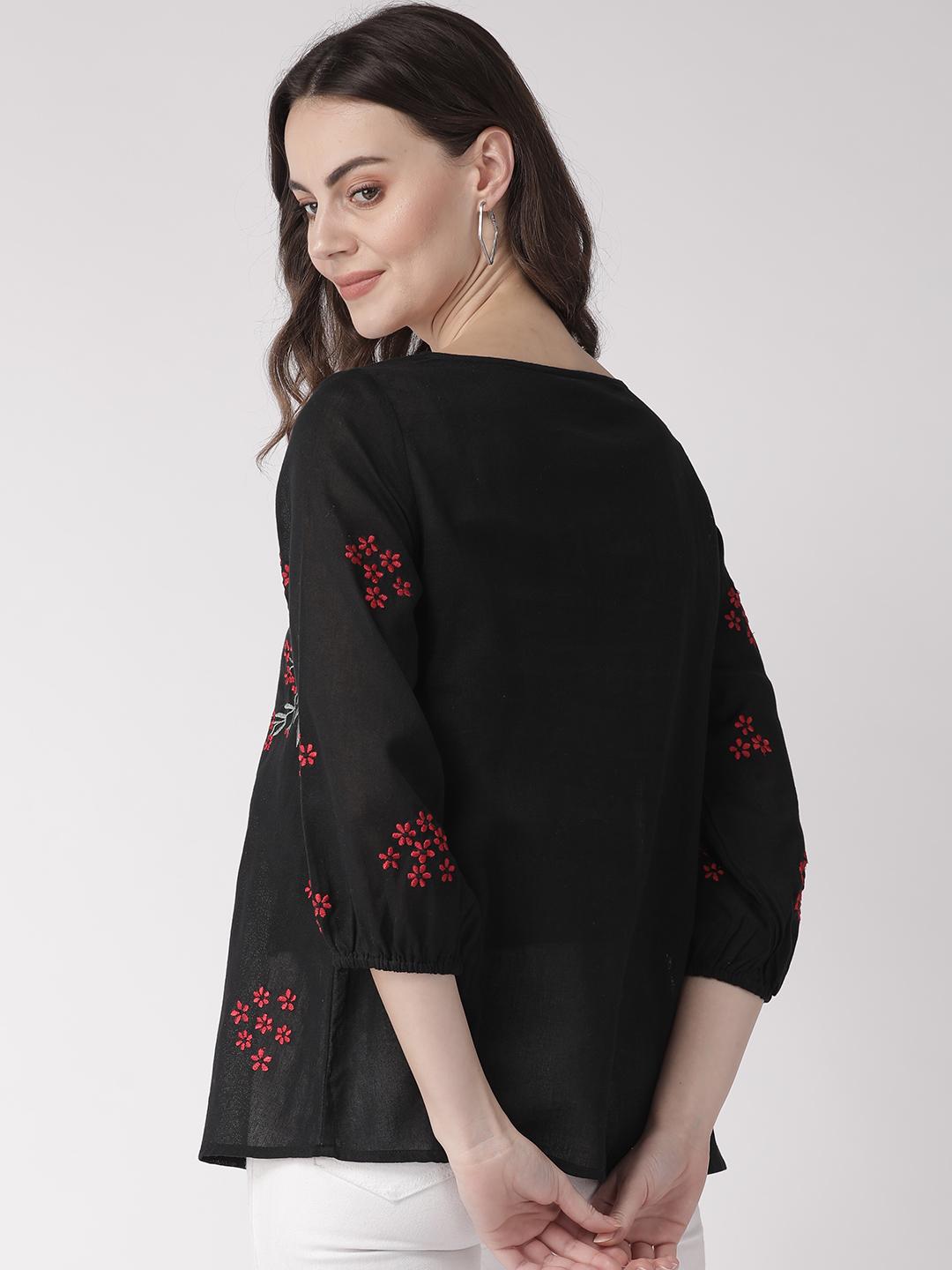 Multi color embroidered black top