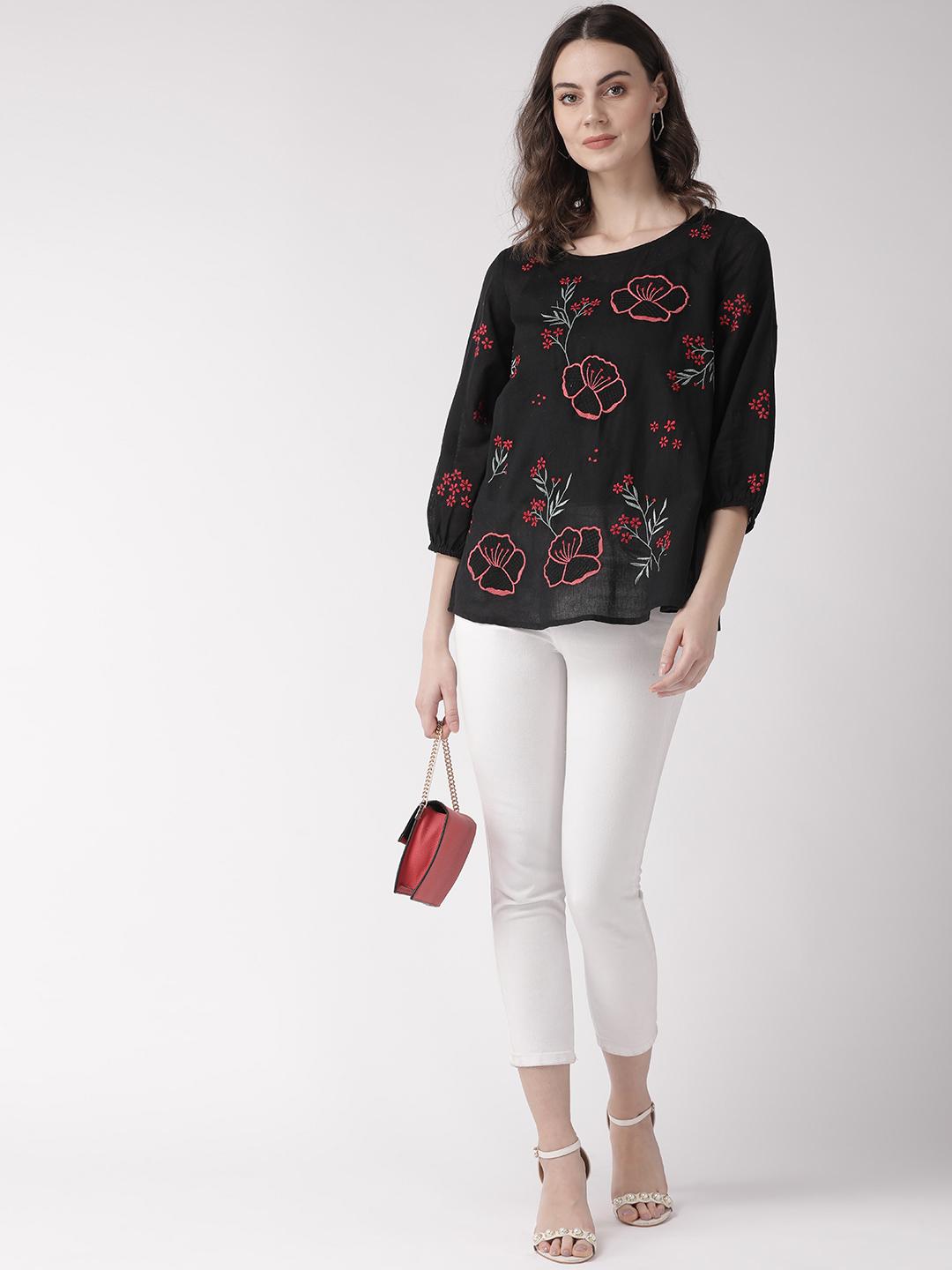 Multi color embroidered black top
