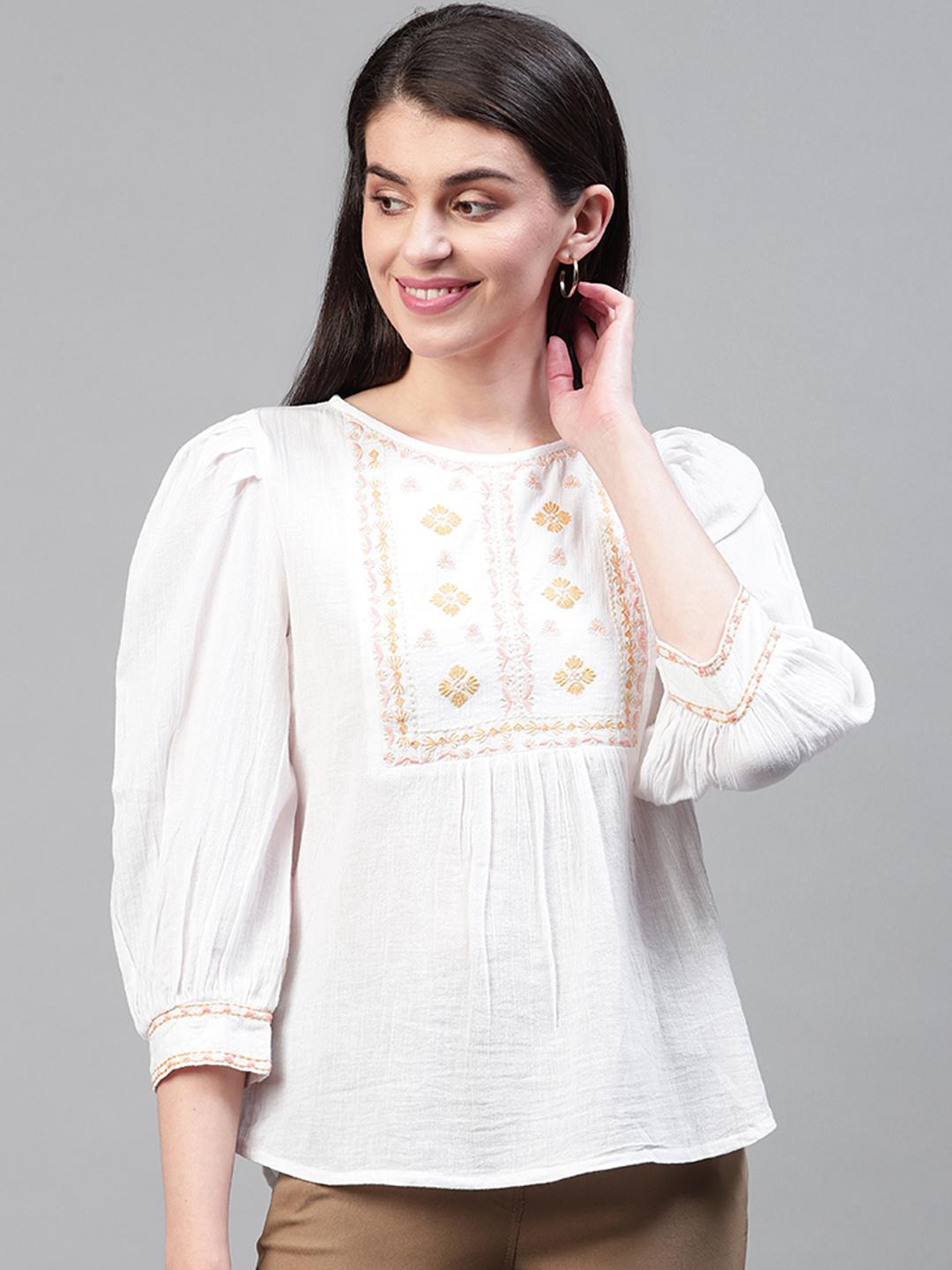 Scoup White Yoke Embroidered Top