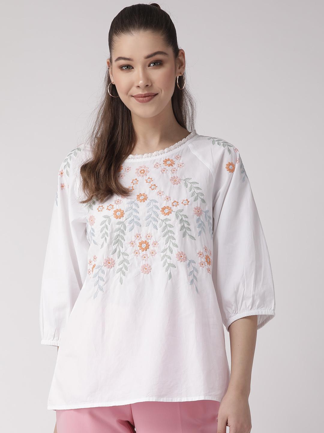 White cotton embroidered poplin top