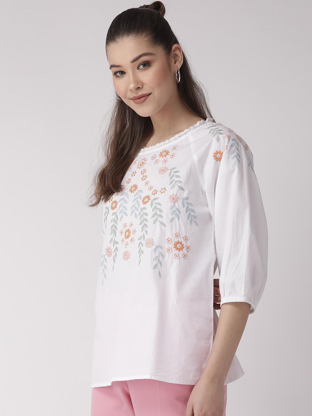 White cotton embroidered poplin top