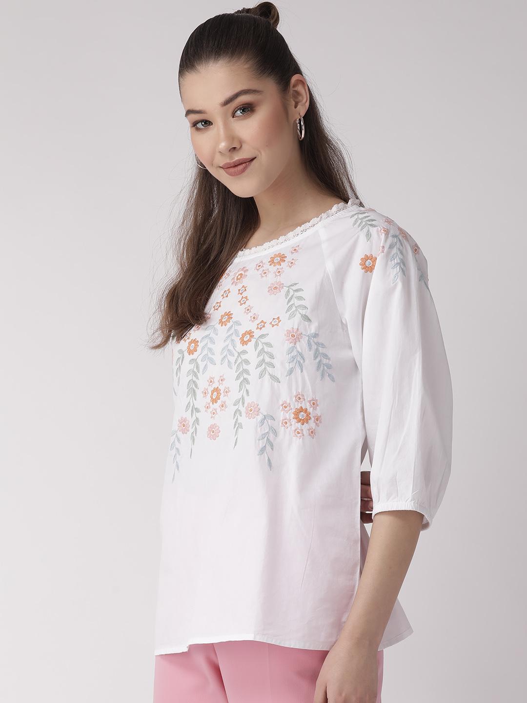 White cotton embroidered poplin top
