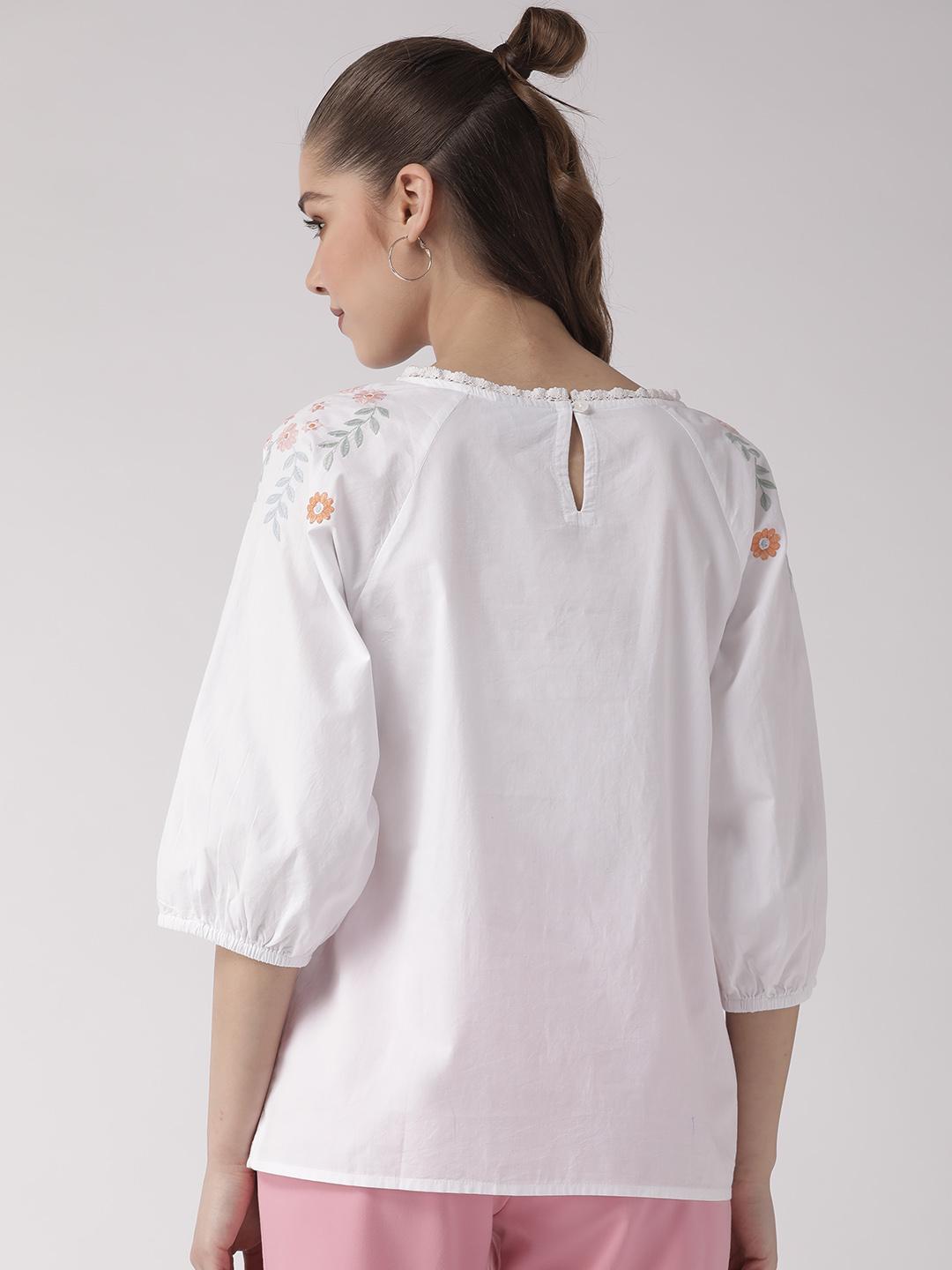 White cotton embroidered poplin top