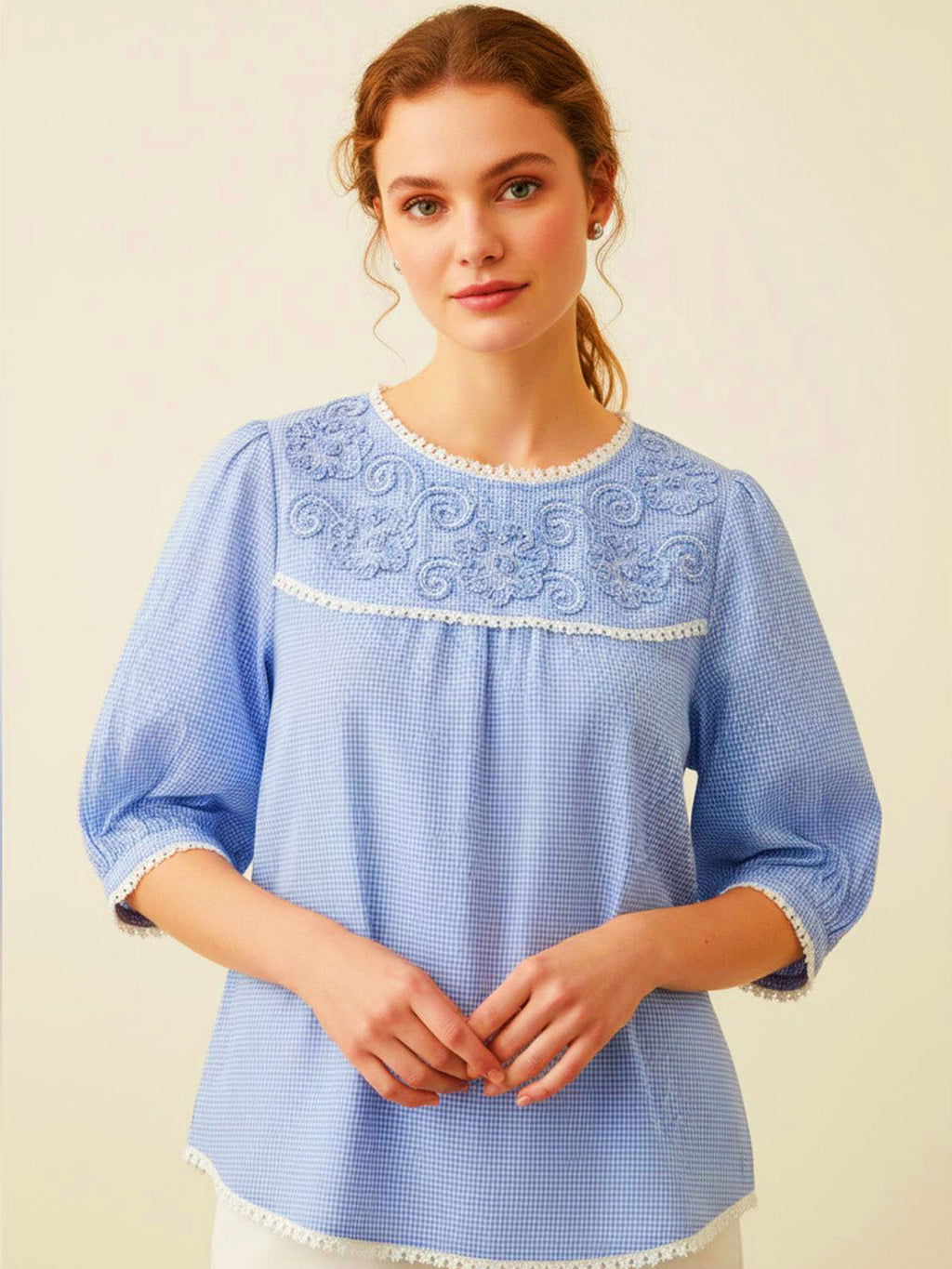 Hand embroidered check top