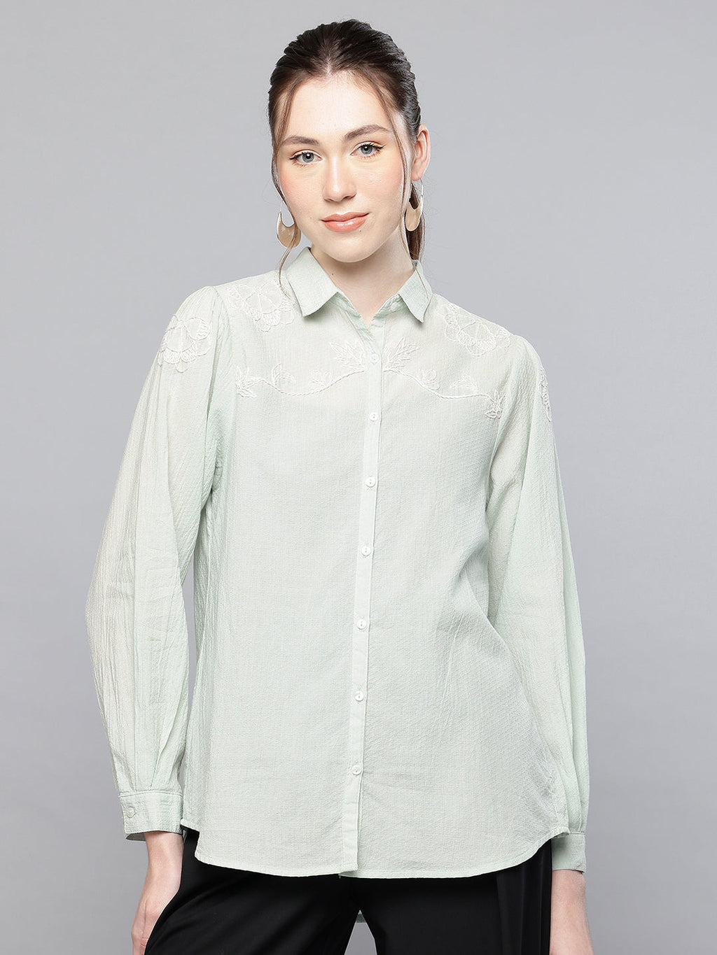 Light blue Cotton dobby hand embroidered shirt